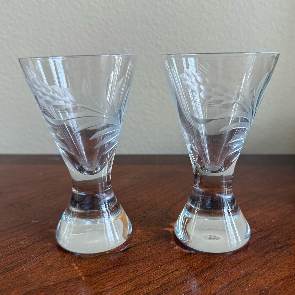 Pair of vintage T. G. Hawkes Etched wheat pattern circa 1910 cordial glasses